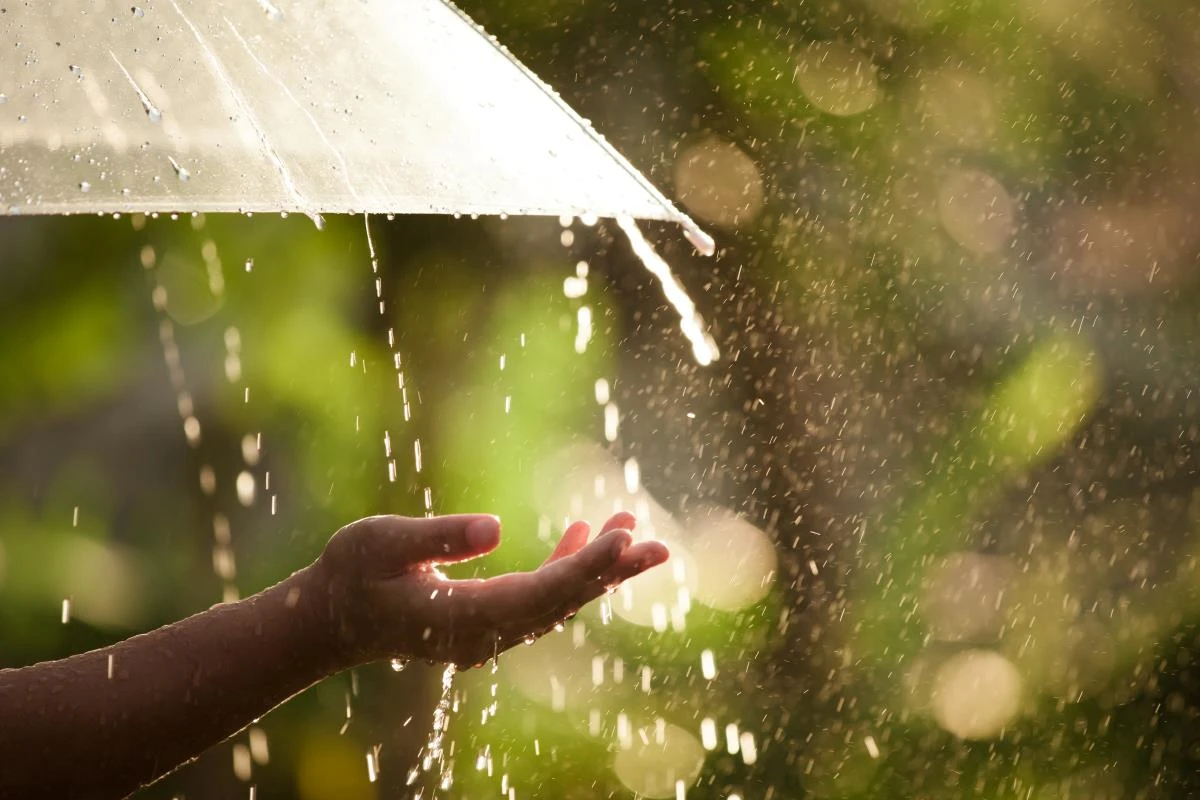 Woman with umbrella holding her hand out into the rain.